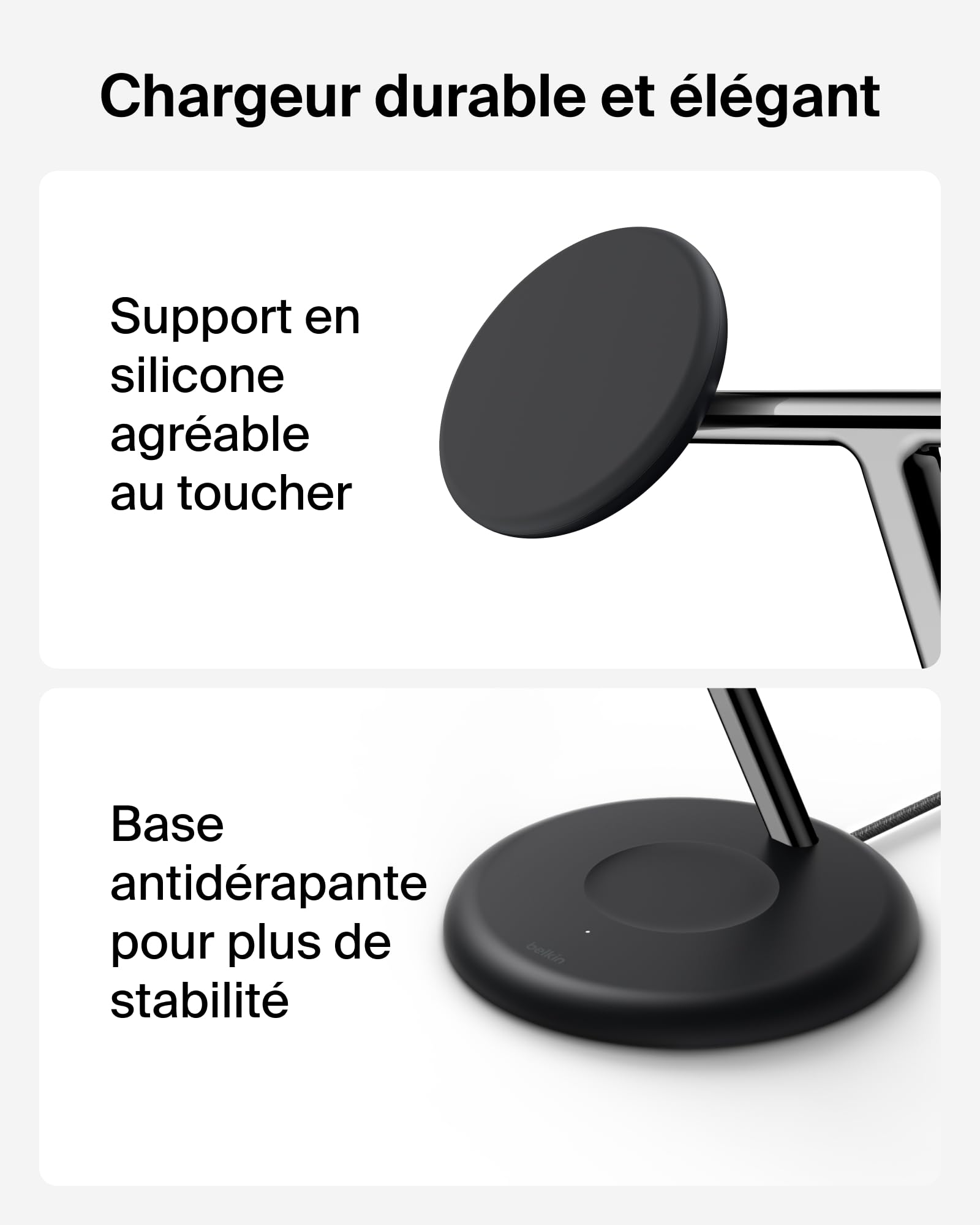 Belkin UltraCharge Station sans Fil 3-en-1 avec Qi2, 25 W - Noir | Qi2.2, Chargeur Magnétique Sans Fil MagSafe Pour iPhone, Apple Watch, Écouteurs, Câble USB-C, Adaptateur Secteur 45 W