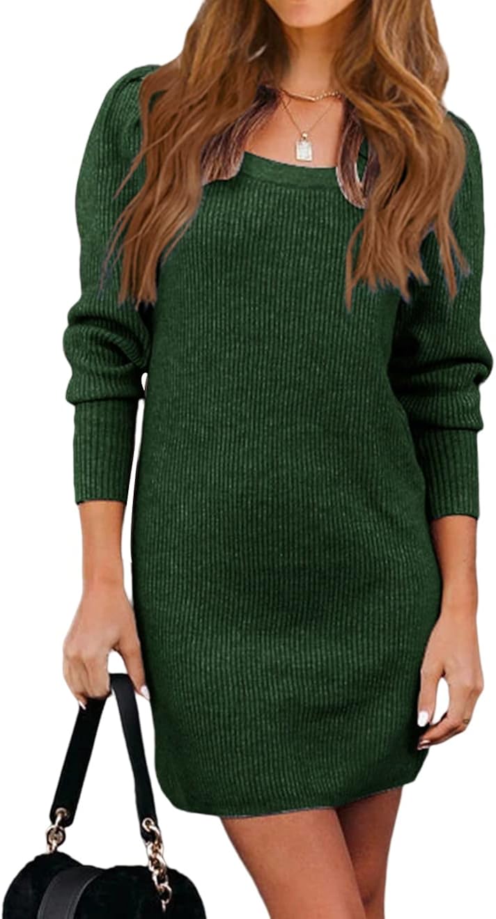 PRETTYGARDEN Women's Puffy Long Sleeve Fall Dress Pullover Knit Sweater Dress Square Neck Ribbed Knee Length Dress