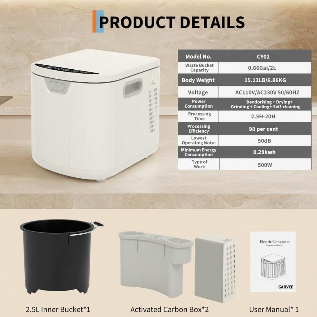 2.5L Electric Countertop Compost Bin, Food Cycler with Auto-Clean & LED Display, Quiet Odor-Free Food Waste Recycler for Kitchen, Turns Scraps into Fertilizer for Garden