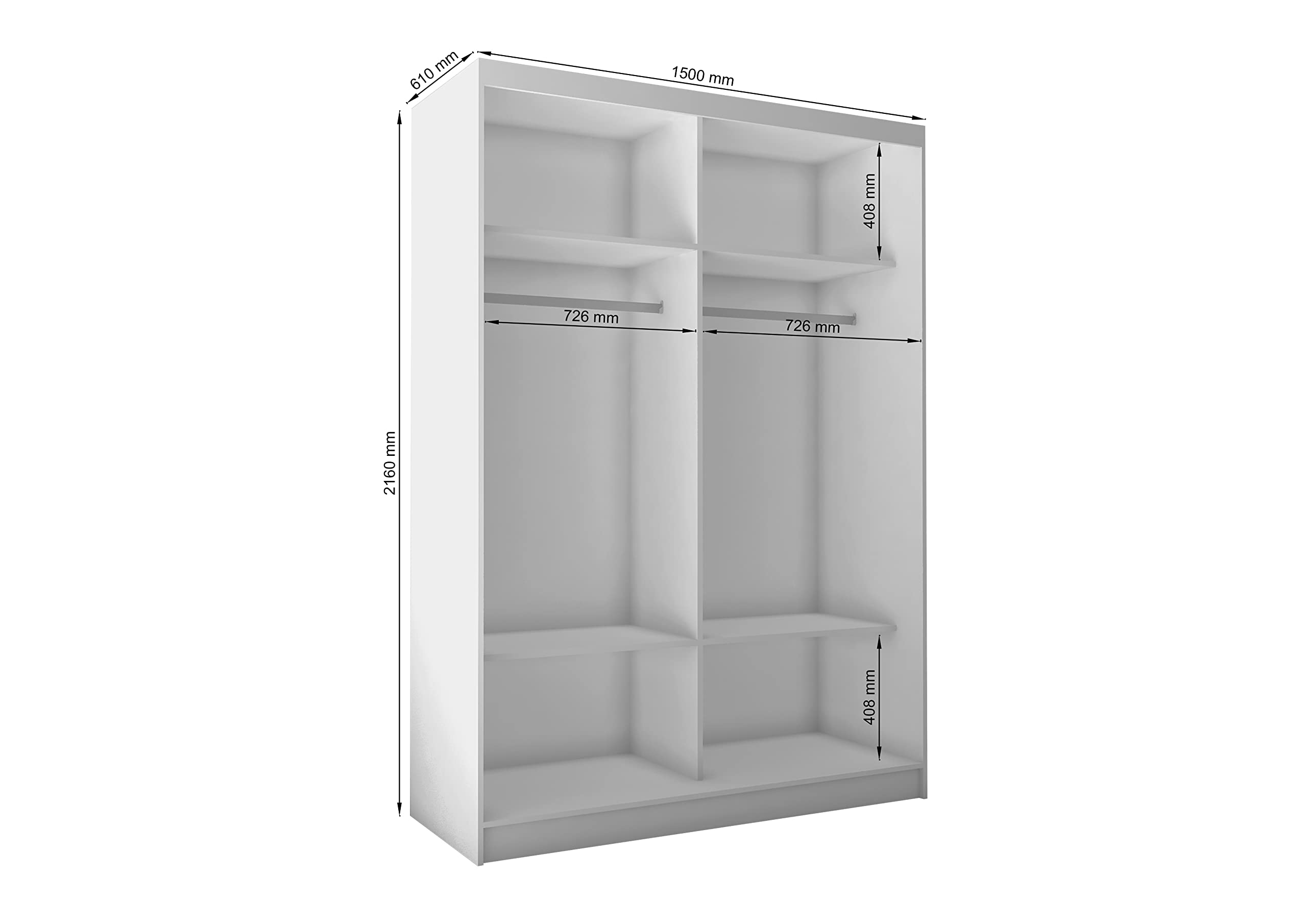 Kleiderschrank Samantha 150cm, Schwebetürenschrank mit Spiegel und Sprossen, Schlafzimmerschrank, Garderobenschrank, Kleiderstange, Regalfächer, moderner Mehrzweckschrank, grau