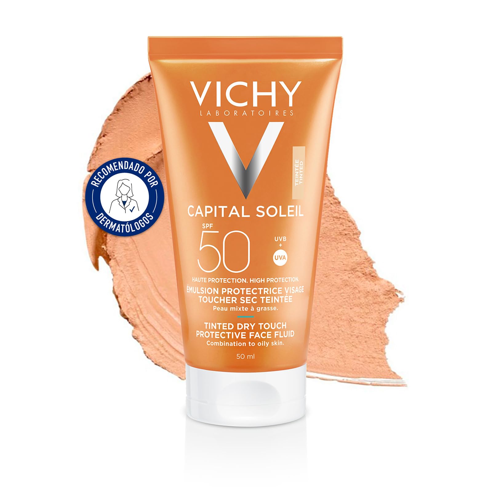 Vichy BB Cream, SPF 50, Protección solar alta con color, Hidratación, Bronceado Instantáneo, Emulsión Tacto Seco, Para pieles mixtas a grasas, Capital Soleil, 50ml