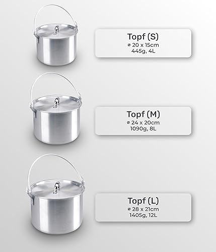 Miniatura 3 de AceCamp Juego de ollas de cocina ligeras de aluminio anidadas con tapa y mango plegable - 4L, 8L, 12L