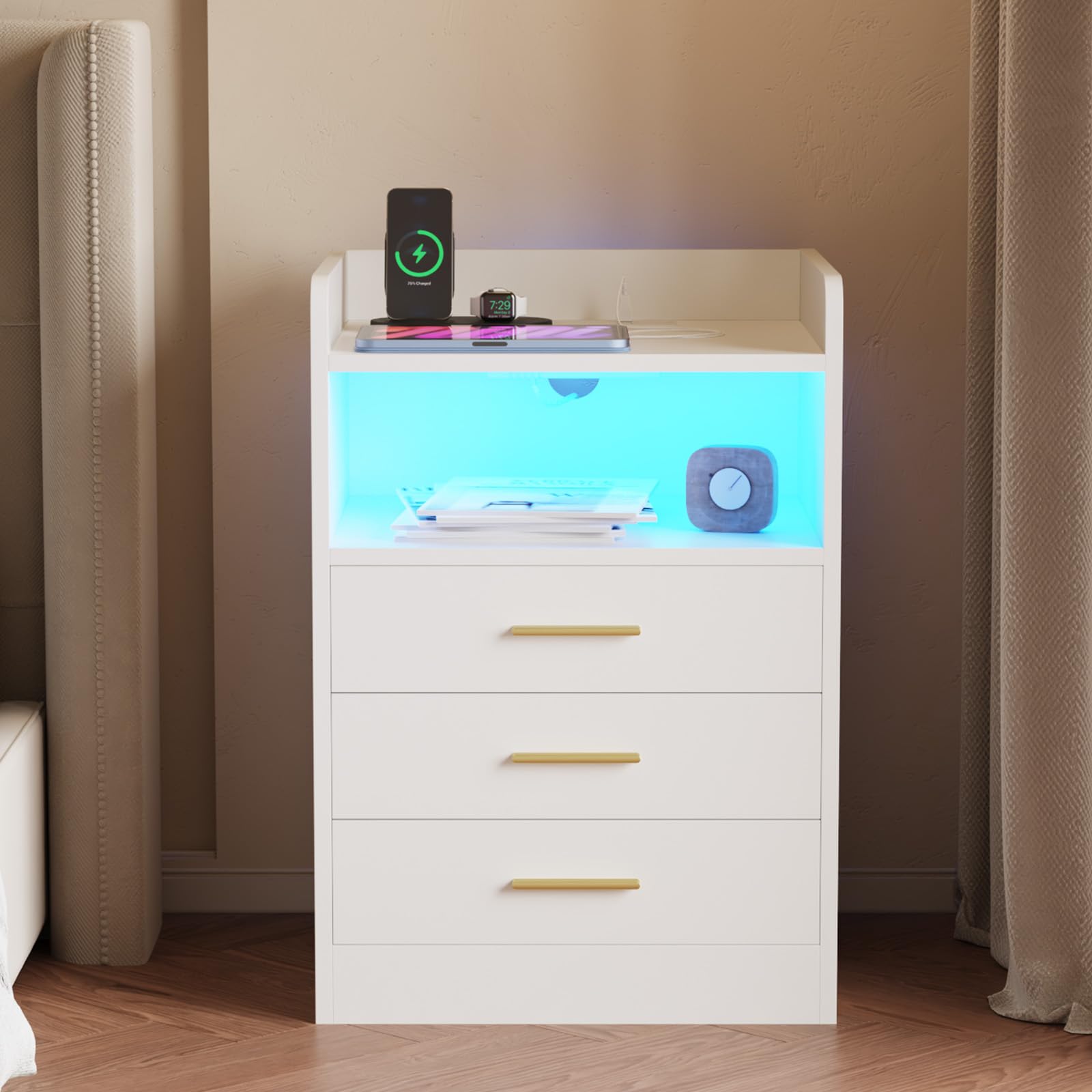 Advwin Bedside Table 3 Drawers Wooden, Chest of Drawers with Shelf, LED Nightstand with Charging Station and USB Port, White - White