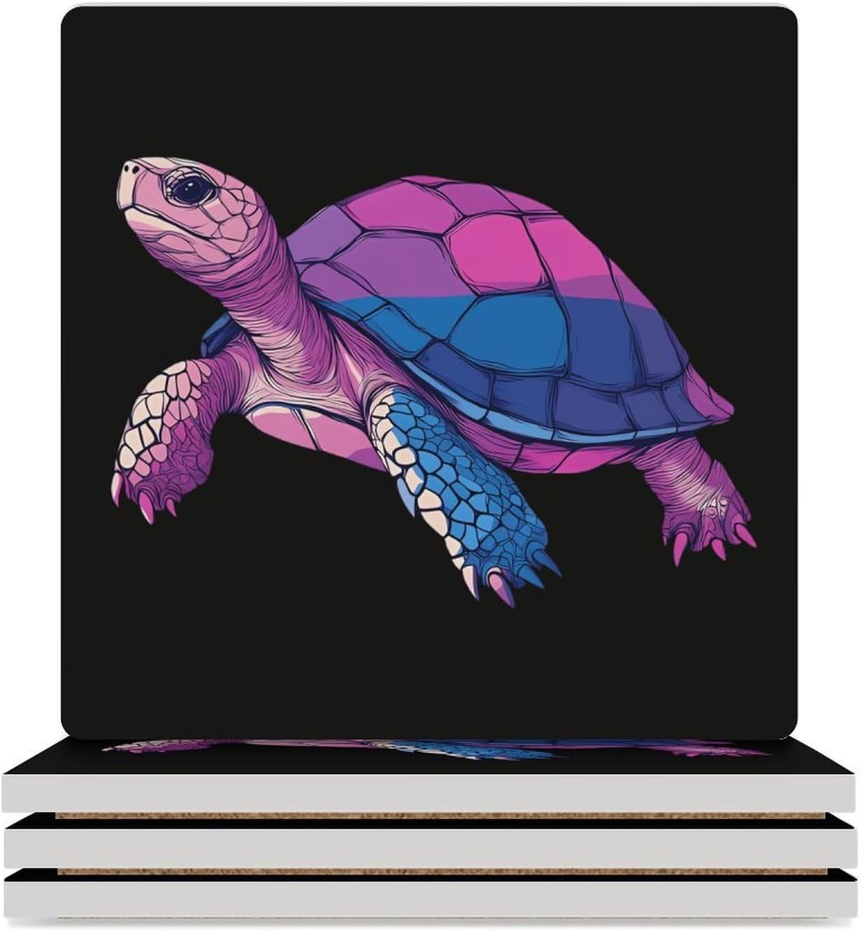 Bisexual Flag Turtle Funny Ceramic Coasters for Drinks Absorbent Cup Holder Tabletop Protector with Cork Base