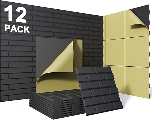 Miniatura 1 de Paquete de 12 paneles acústicos autoadhesivos, paneles de espuma a prueba de sonido de 12 x 12 x 0.4 pulgadas, paneles de pared insonorizados de