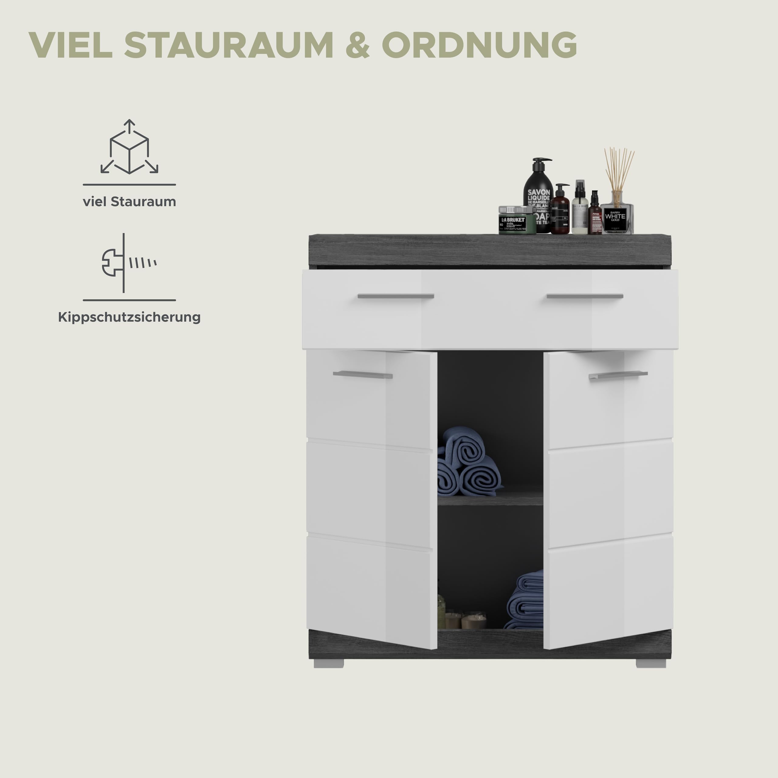 xonox.home - Standschrank breit Scout 74x88x31 cm in rauchsilber und weiß Hochglanz - Midischrank Badschrank Unterschrank Badezimmerschrank - Zeitloses Design und erstklassige Qualität – Bild 5