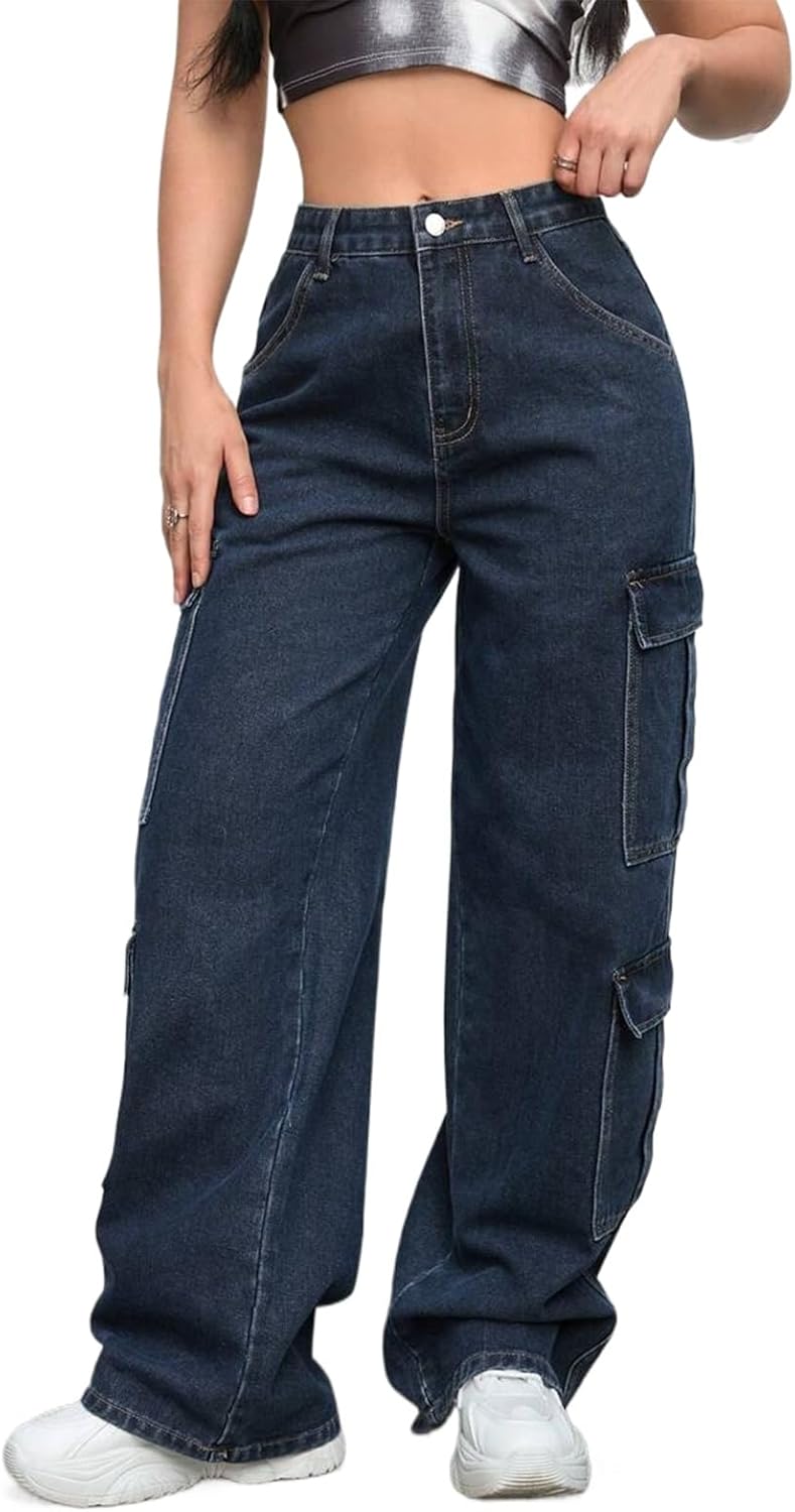 Cargo Jeans for Women Wide Leg High Waisted Stretchy Multi Pockets Baggy Denim Cargo Pants