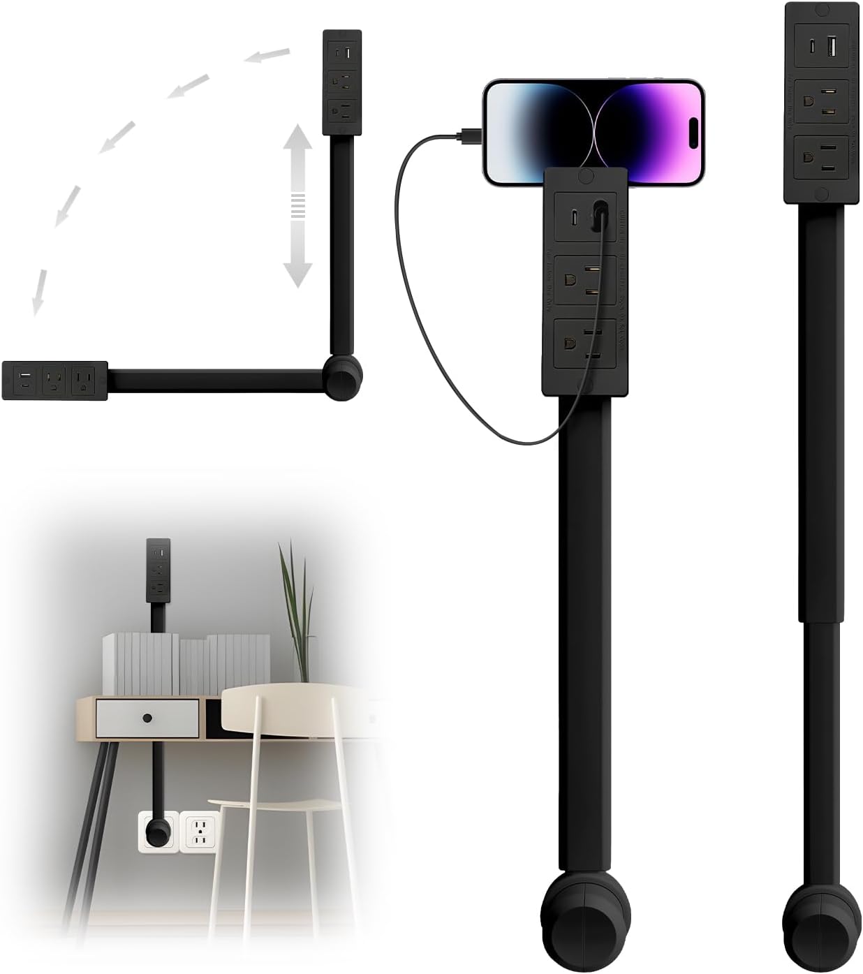 Adjustable Outlet Extender - Access Hard-to-Reach Outlets! Features USB-A, USB-C, and 2 AC Outlets, Extends 44-70cm (Black)