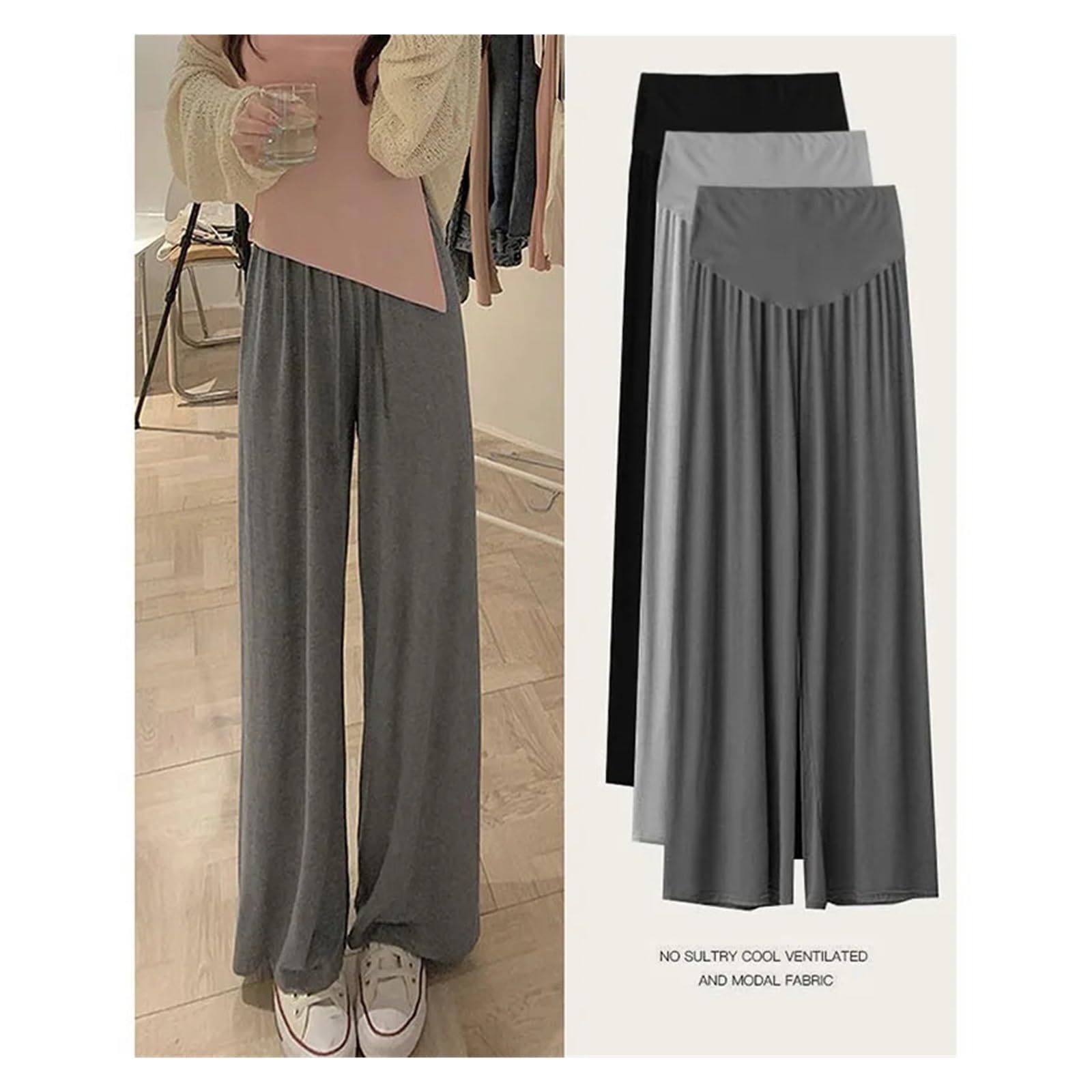 Pantalones de Maternidad de Verano, Pantalones de Seda Helada, Ropa de Maternidad de Verano, Pantalones Anchos, Ropa Exterior Fina, Pantalones Holgados con Pliegues(Grey,M)