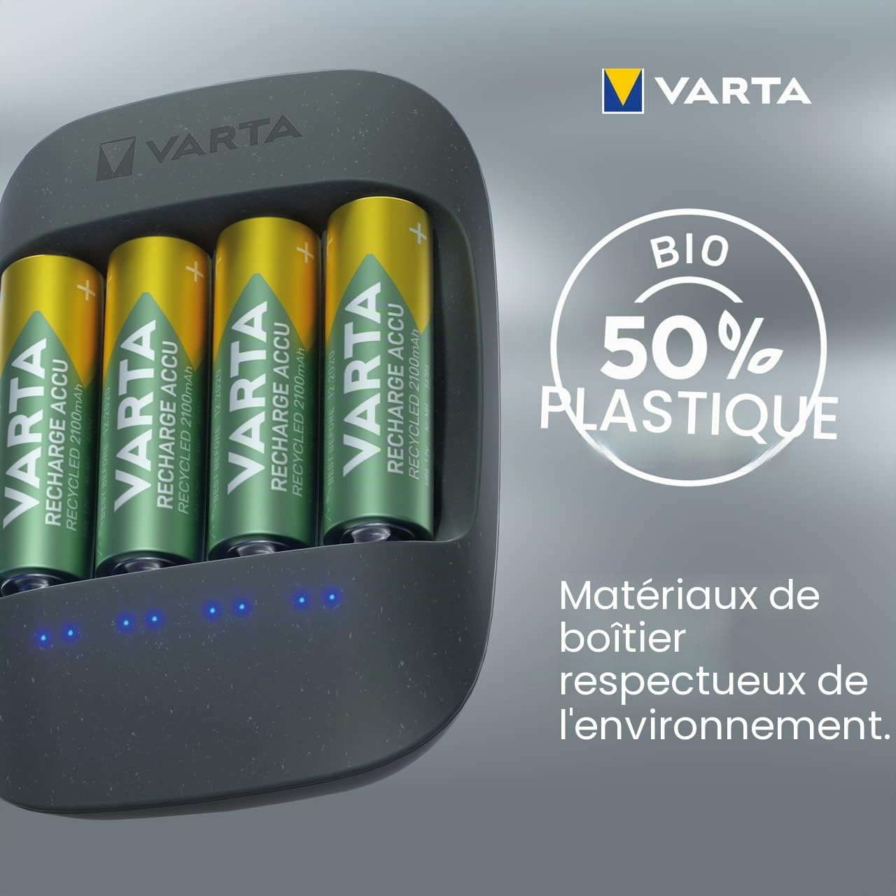 VARTA Chargeur de Piles, incl. 4X AA 2100mAh, chargeur pour piles AA/AAA rechargeables, Eco Charger, chargement à un seul emplacement, fabriqué avec 50% de matière bioplastique