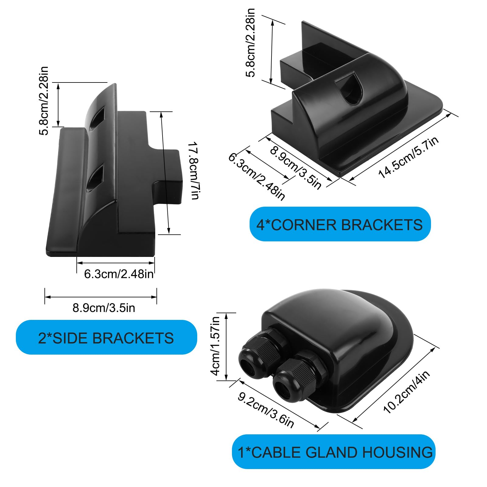 Kit di staffe di montaggio per pannello solare, staffe angolari e laterali in plastica ABS con scatola di ingresso cavi, sistema di montaggio solare nero per camper, camper, barca