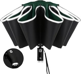 Umbrellas Fully Automatic Reverse Folding Umbrella with LED Flashlight 10 Ribs Windproof Reflective Stripe UV Umbrellas for Sun or Rain Day, LED-10Ribs-Green
