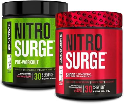 Jacked Factory Nitrosurge Pre-Workout in Watermelon & Fruit Punch Nitrosurge Shred Thermogenic Pre-Workout for Men & Women