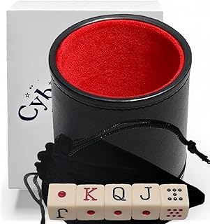Spanish Dice Cup Deluxe Set, PU Leather Premium Cup with Reinforced Base Trim, Soft Cushioned Felt Lining and Ivory Tone Spanish Poker Dice with Pouch (Gift Boxed) - Cubilete Dados Cubanos Mexicano