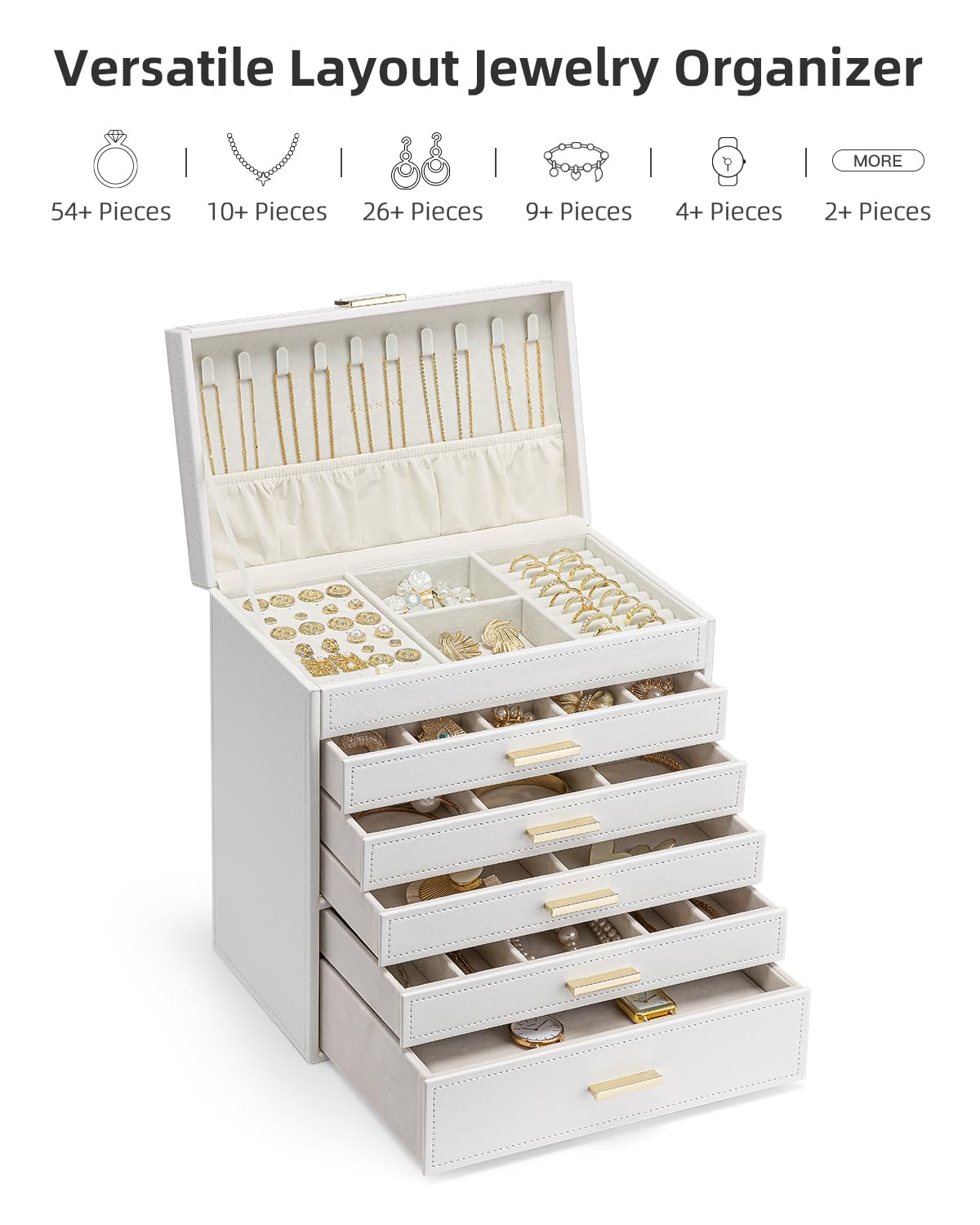 Vlando Joyero grande de 6 capas, organizador de joyas con soporte para collares, almacenamiento de joyas para anillos, pulseras y relojes, regalo para mujer (blanco)