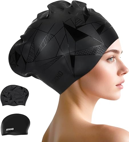 Miniatura 13 de Aegend - Gorros de natación para cabello largo, gorras de natación de silicona duraderas para mujeres, hombres, adultos, jóvenes, fáciles de poner