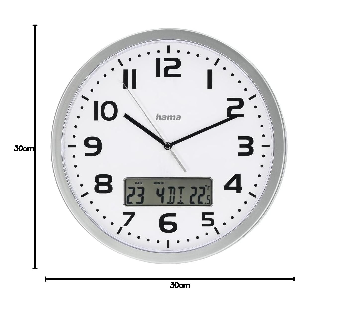 Hama Zegar Ścienny Elektroniczny DCF MOOREA, 30 cm, Srebrny, Analogowy i Cyfrowy Wyświetlacz, Data i Temperatura, Automatyczna Synchronizacja, Dwie Strefy Czasowe | Zegar ścienny Analogowy wyświetlacz czasu, data i temperatura, ustawienie stref czasowych,