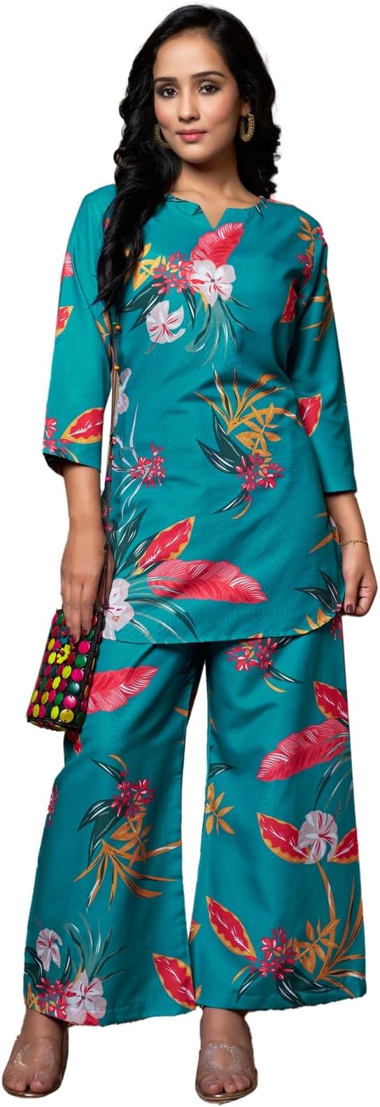 DHRUVI TRENDZ Kurta Sets for Woman | Co ord Set for Women Stylish | Kurti Set for Woman | Short Kurti for Women Latest | Kurtis | Ethnic Floral Straight Kurta Set's with Palazzo Pants
