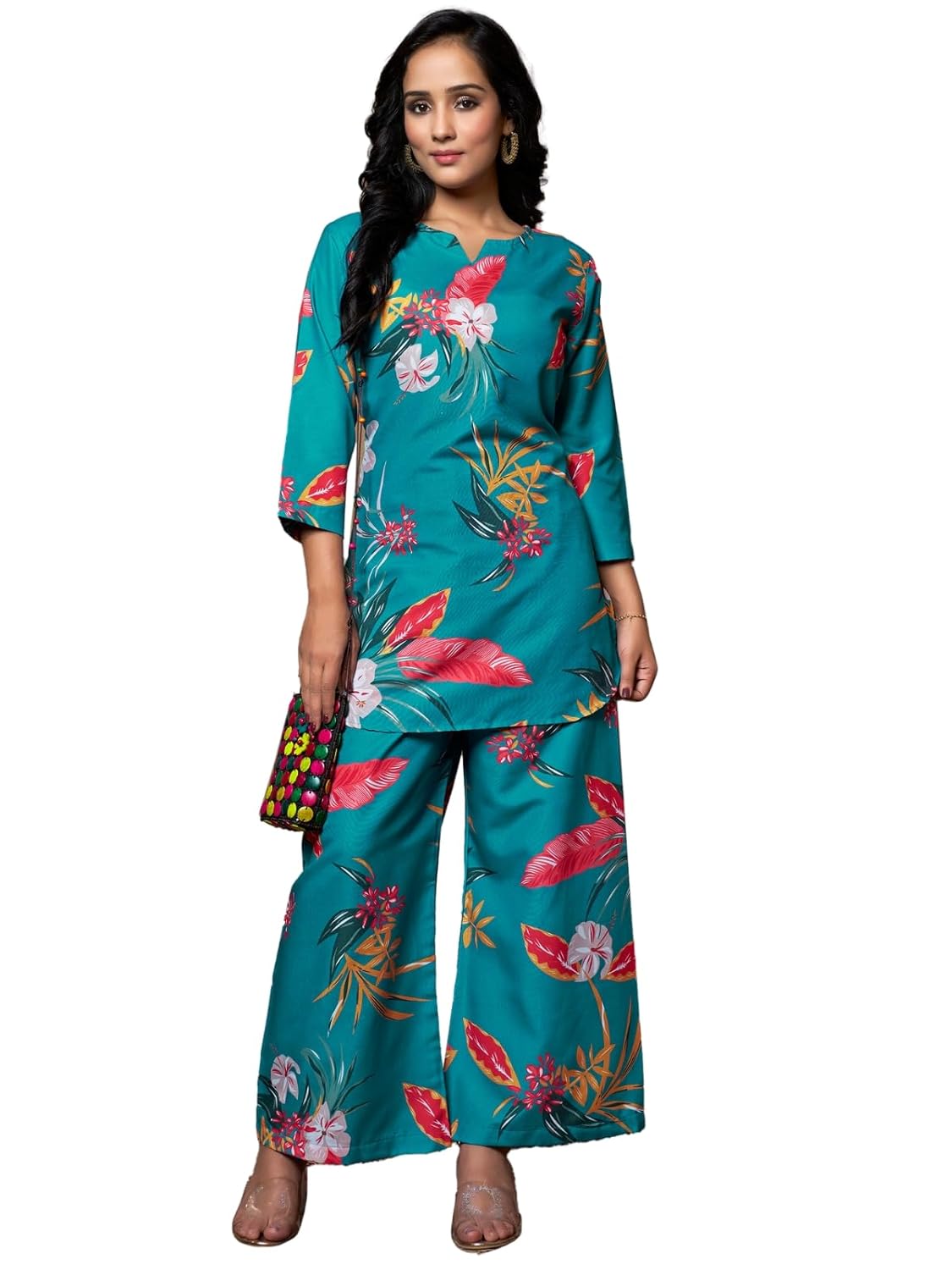Leriya Fashion Women’s Kurta Pant Set – Rayon Floral Printed Co-ord Set | Stylish Ethnic Wear for Office, Daily & Festive Indian Traditional Outfit | 2 Piece Kurta for Holiday Look & Puja | 3/4 Sleeve