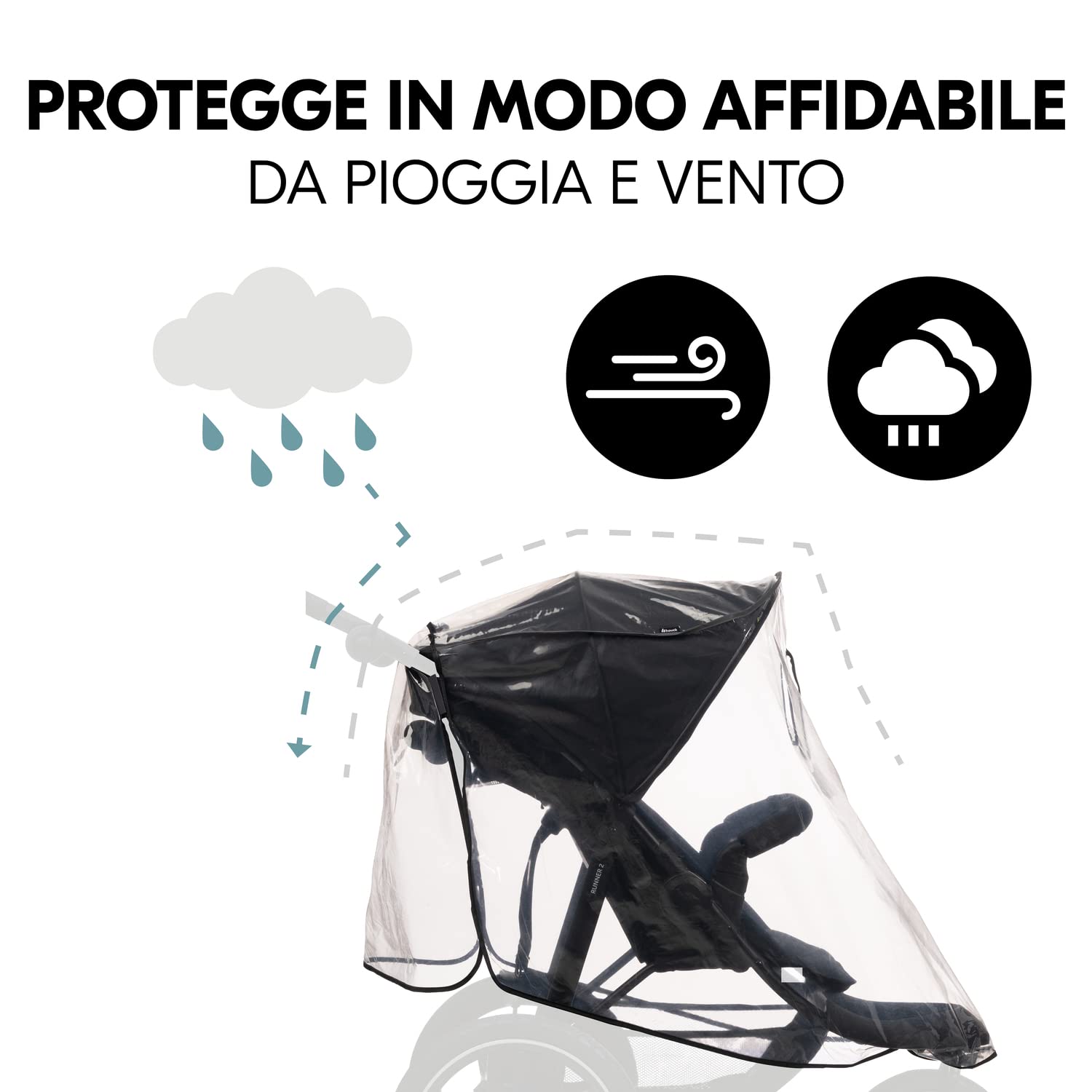 hauck Parapioggia Passeggino 3 Ruote Universale - 58 x 48 x 90 cm Compatibile con Modelli Runner - Antipioggia Catarifrangente con Finestrina e Fori di Ventilazione - Facile da Fissare - Trasparente