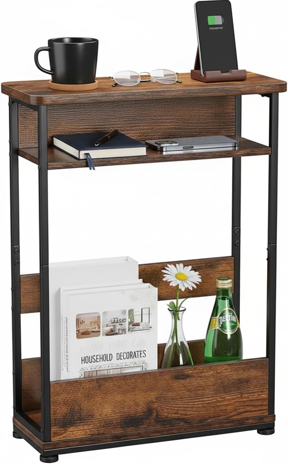 Vintage Narrow Side Table with Storage Shelf, 3 Tier Slim End Table Modern Sofa Table for Narrow and Small Spaces, 24.6 Inch Height Bedside Table Small Nightstand With Magazine Rack Space Saving/Brown