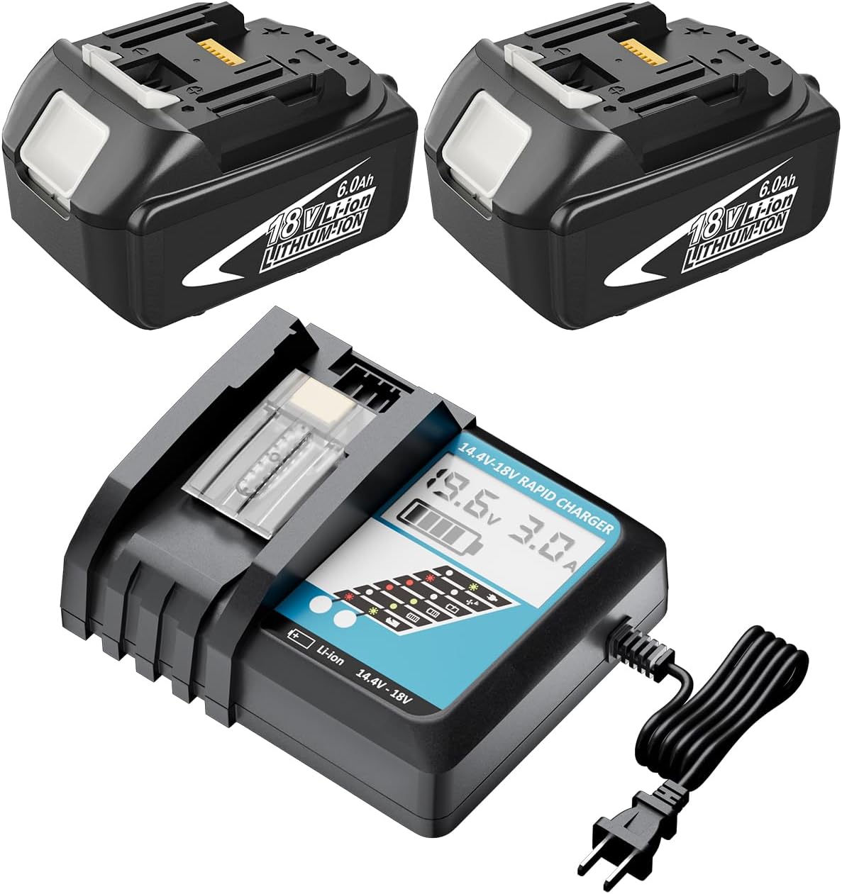 2Pack 6.0Ah 18V Battery and Charger Replacement for Makita 18V Battery and Charger Compatible with Makita 18 Volt Lithium Ion Batteries BL1860 BL1830 Cordless Power Tools (Black)