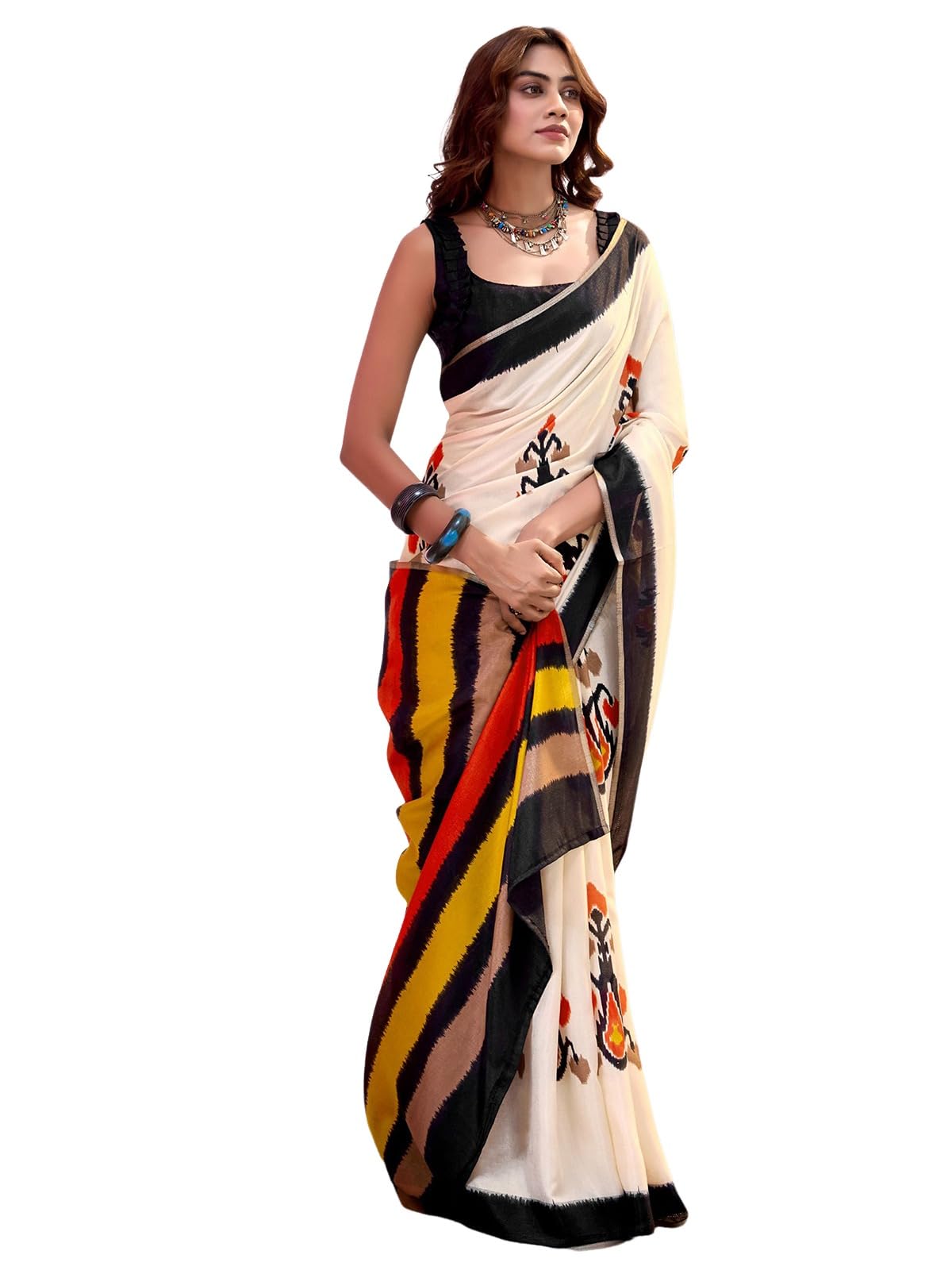 Satrani Women's Cotton Silk Ikkat Printed Saree With Unstitched Blouse Piece (4104S889N_Beige)