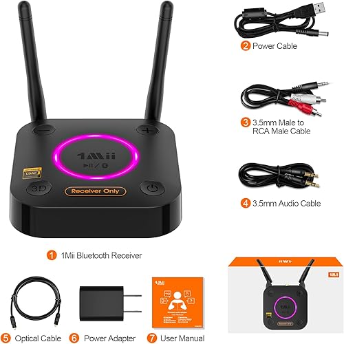 Miniatura 8 de 1Mii B06Ultra Bluetooth 5.3 Receiver with LDAC for Hi-Res Wireless Audio, HiFi Bluetooth Audio Adapter w/Audiophile DAC, 3D Surround aptX HD Low