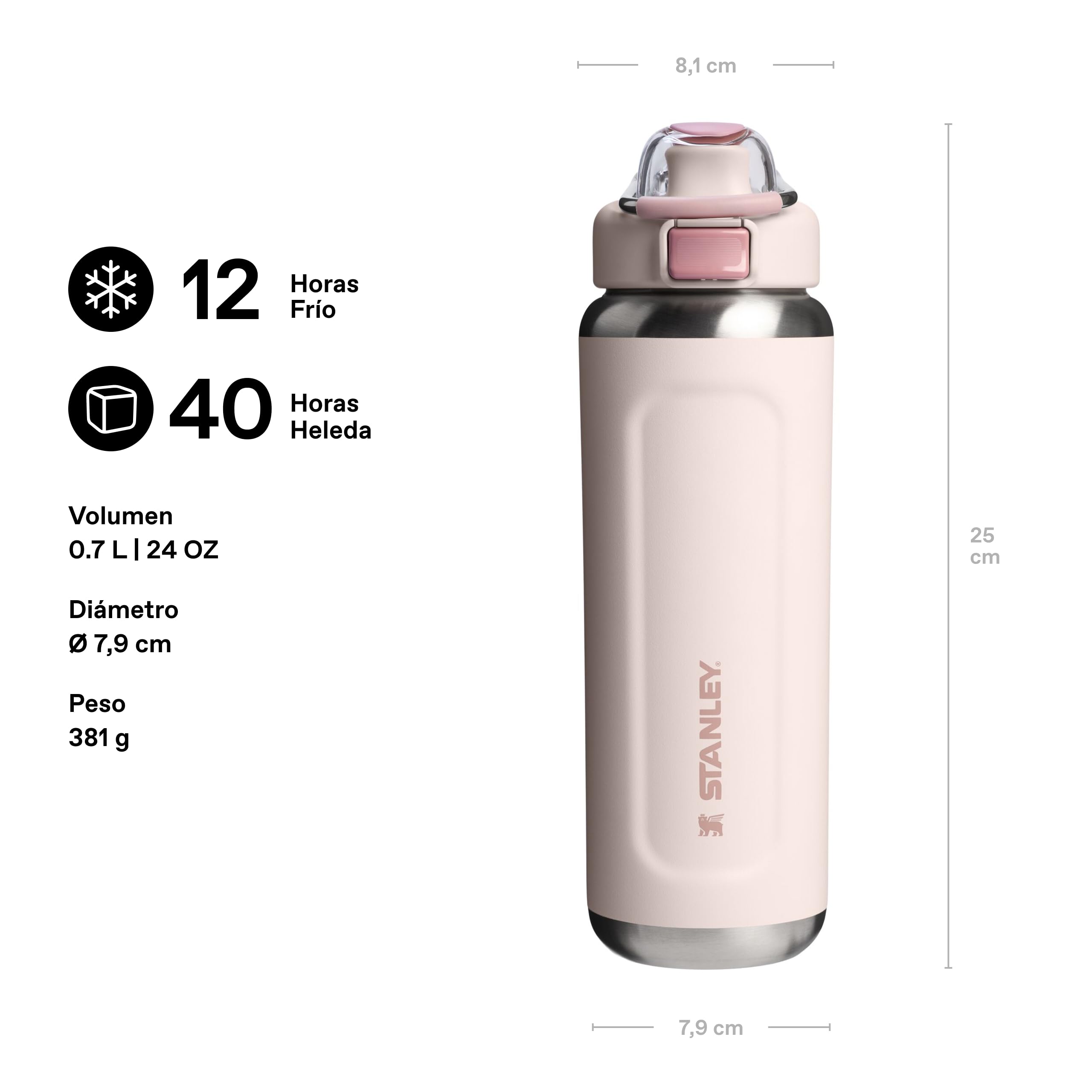 STANLEY Wellspring Bottle 0.7L - 12 Horas Fría - 40 Hours Helada - Sin BPA Botella Agua Acero Inoxidable - Apta Para Lavavajillas - Aislamiento Al Vacío - Rose Quartz