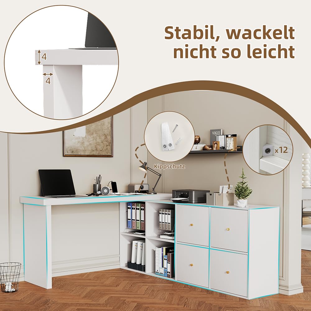 Sweiko Sideboard Table d'angle, Plateau pivotant à 360°,Peut être installée en L ou Droite, Plateau et Pieds renforcés de 4 cm, avec 4 Compartiments, 4 tiroirs (White)