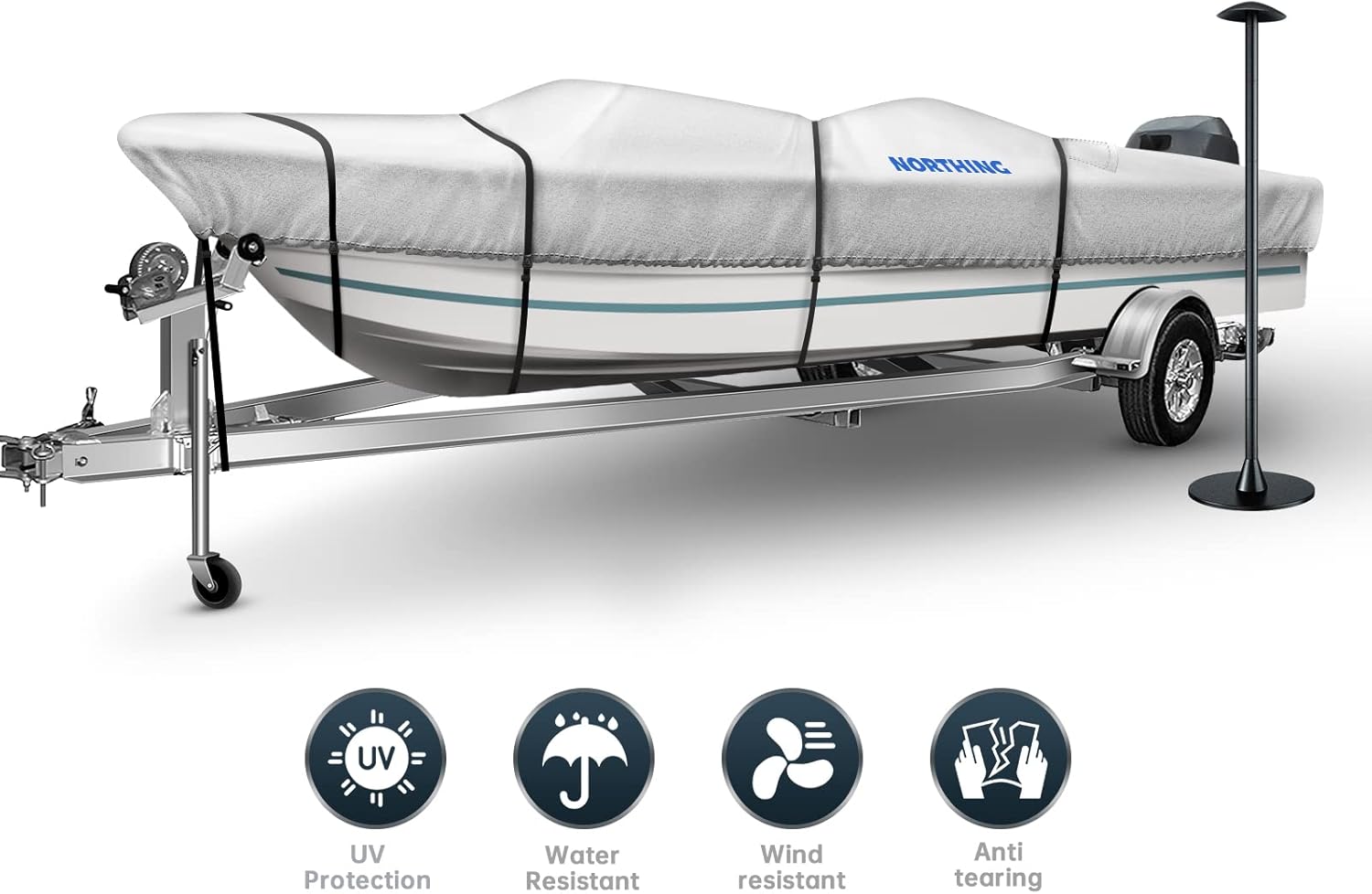 Trailerable Boat Cover, NORTHING Waterproof 900D Marine Grade Polyester Bass Boat Cover Fits V-Hull,Pro-Style,Fishing Boat,Runabout, Support Pole Included (Length:16'-18.5' Beam Width: up to 98") : Sports & Outdoors