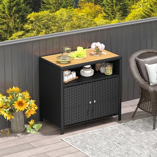 Image of Tangkula Rattan Outdoor Storage Cabinet, Patiojoy Outdoor Cabinet with Acacia Wood Countertop, Open Compartment, 2-Door Wicker Sideboard, Outdoor Bar for Patio Garden Backyard Poolside (Black)