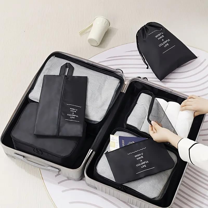 Image of 7 Pcs Foldable Luggage and Laundry Bag Pouch Waterproof Travel Toiletry Organizer Garment Storage Bag Portable Packing Cubes Storage Bag (BLACK)