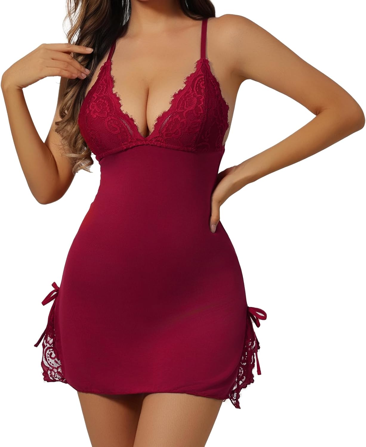 Women Lingerie Sexy Nightgown Babydoll Chemise Lace Trim Sleep Dress Side Split with Thong