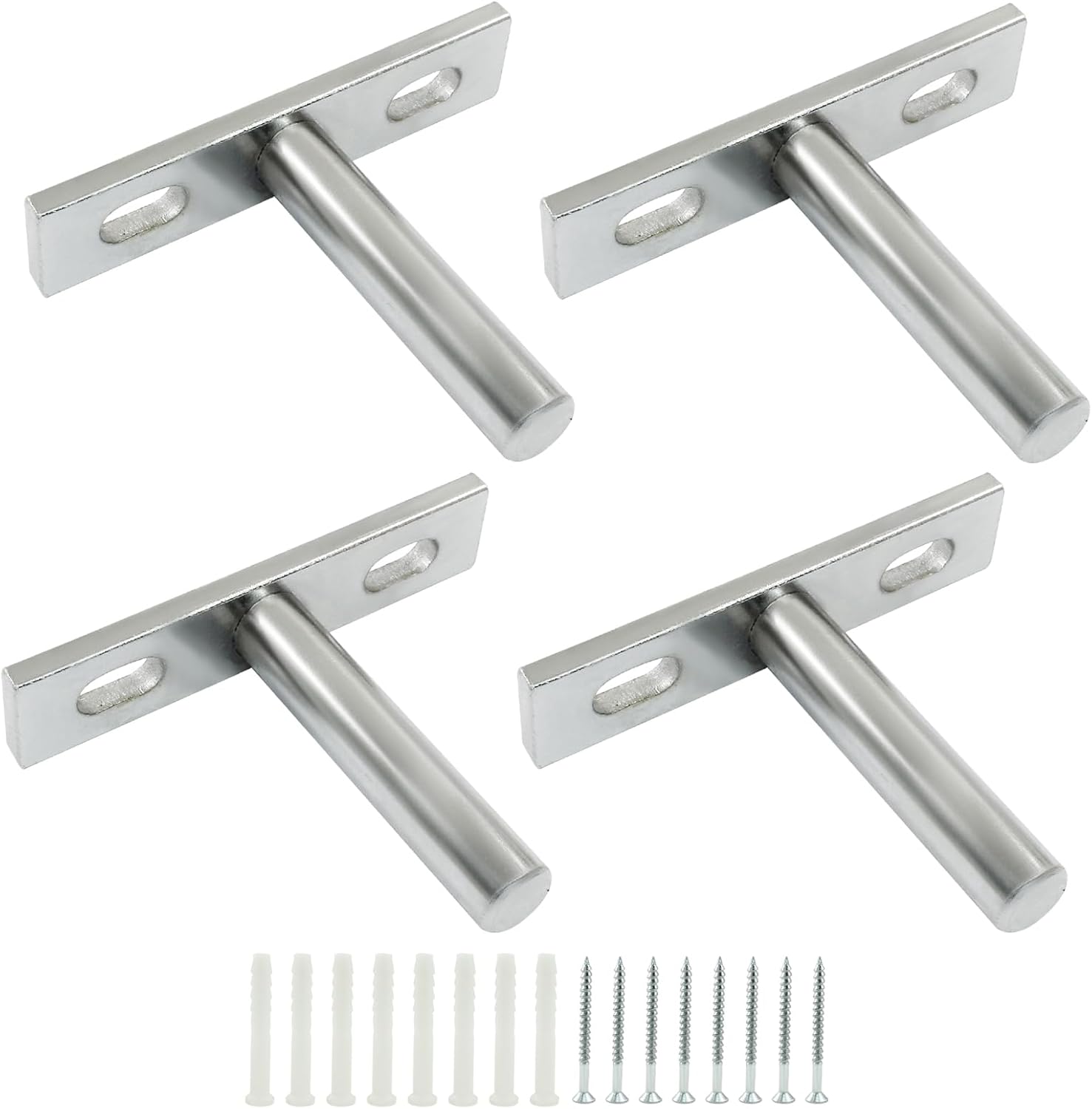 4 Pcs Hidden Floating Shelf Brackets, 3 Inch, Silver, Steel, Wall Mount, Screws and Wall Plugs Included