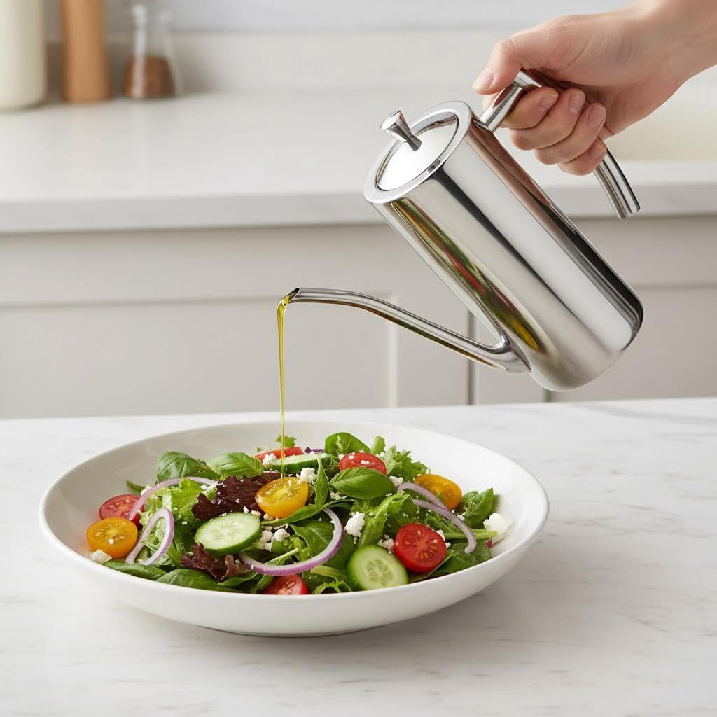 KSENDALO Stainless Steel Olive Oil Dispenser - 24oz/700mL Leakproof Oil Bottle, Premium One-Piece Design with Long Narrow Spout, Vertical Handle Kitchen Cruet for Precision Pouring
