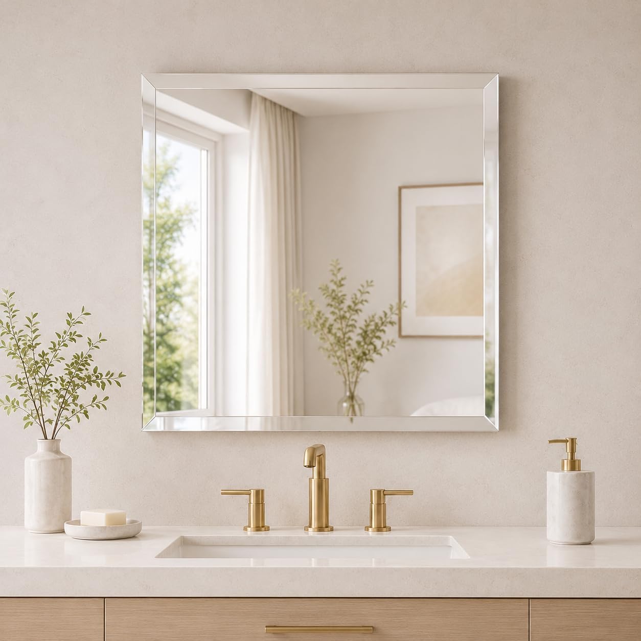 Wall Mounted 24"x24" Frameless Square Mirror | 1" Beveled Edge Mirror with Hooks for Bathroom Wall, Hallway, Bedroom, Makeup Vanity by Fab Glass and Mirror