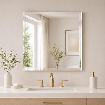 24 Inch Square Frameless Bathroom Vanity Mirror with Beveled Edge - Shatterproof Wall Mounted Decorative Glass with Safety Backing for Living Room Bedroom Hallway Entryway - Fab Glass and Mirror