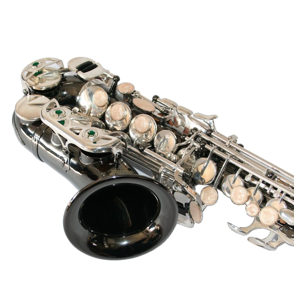 Saxofón soprano curvado, latón, negro cromado con estuche