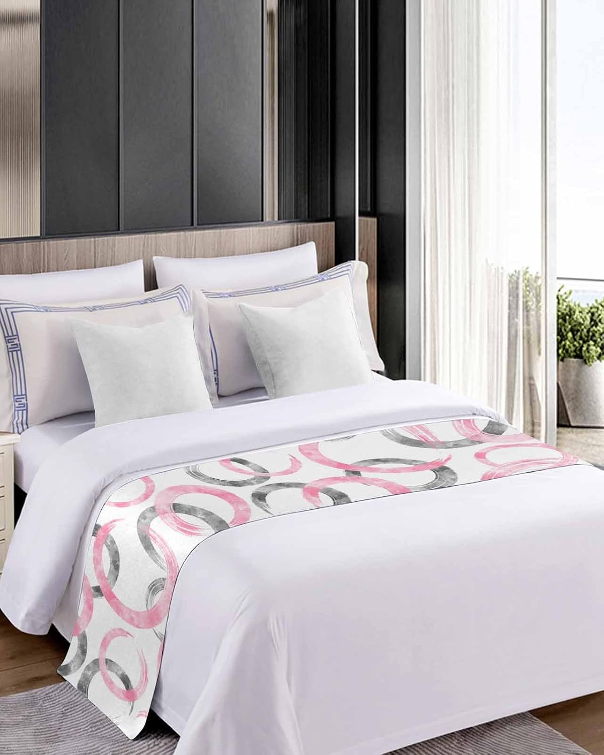 Pink Grey Bed Runner Scarf Cal King Size, Geometric Circle Modern Abstract Simple Art Luxury Bed Throw Runners & Scarves for Twin Full Queen King Foot of Bed, Bedroom Hotel Decoration, 102"x20"