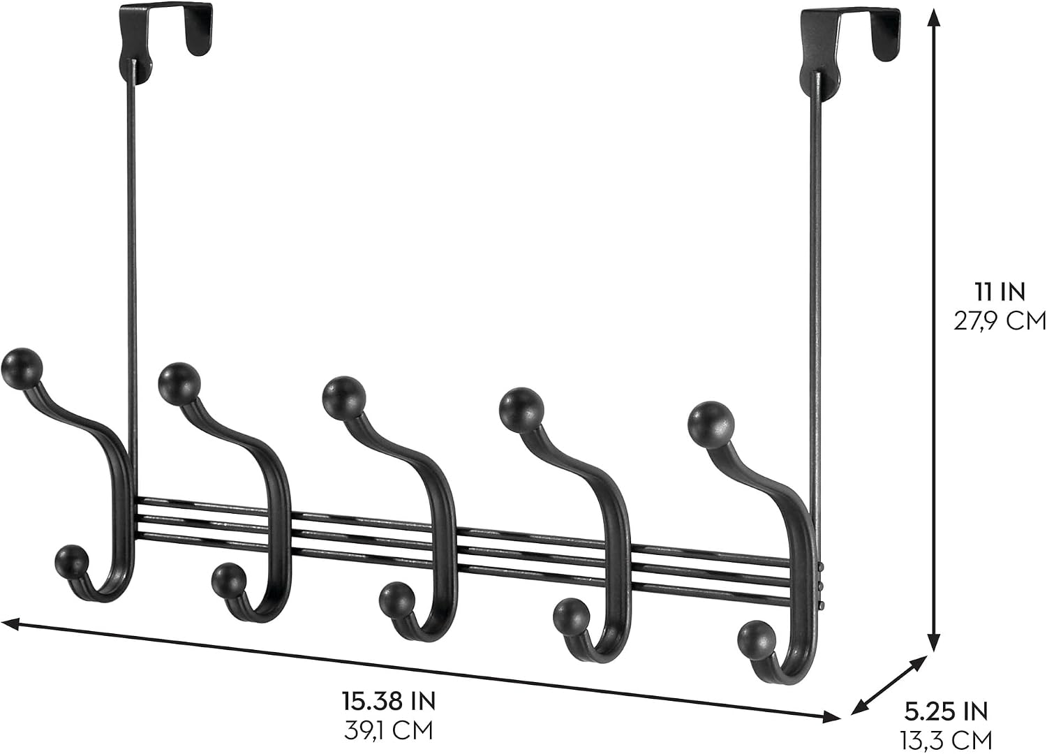 iDesign 5-Hook Over-the-Door Rack, Matte Black image 2