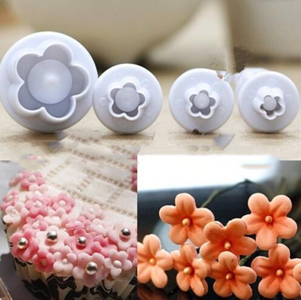 Buyusee 4pcs Plum Blossom Flower Cutter Fondant Cake Sugarcraft Decoration Plunger Mold