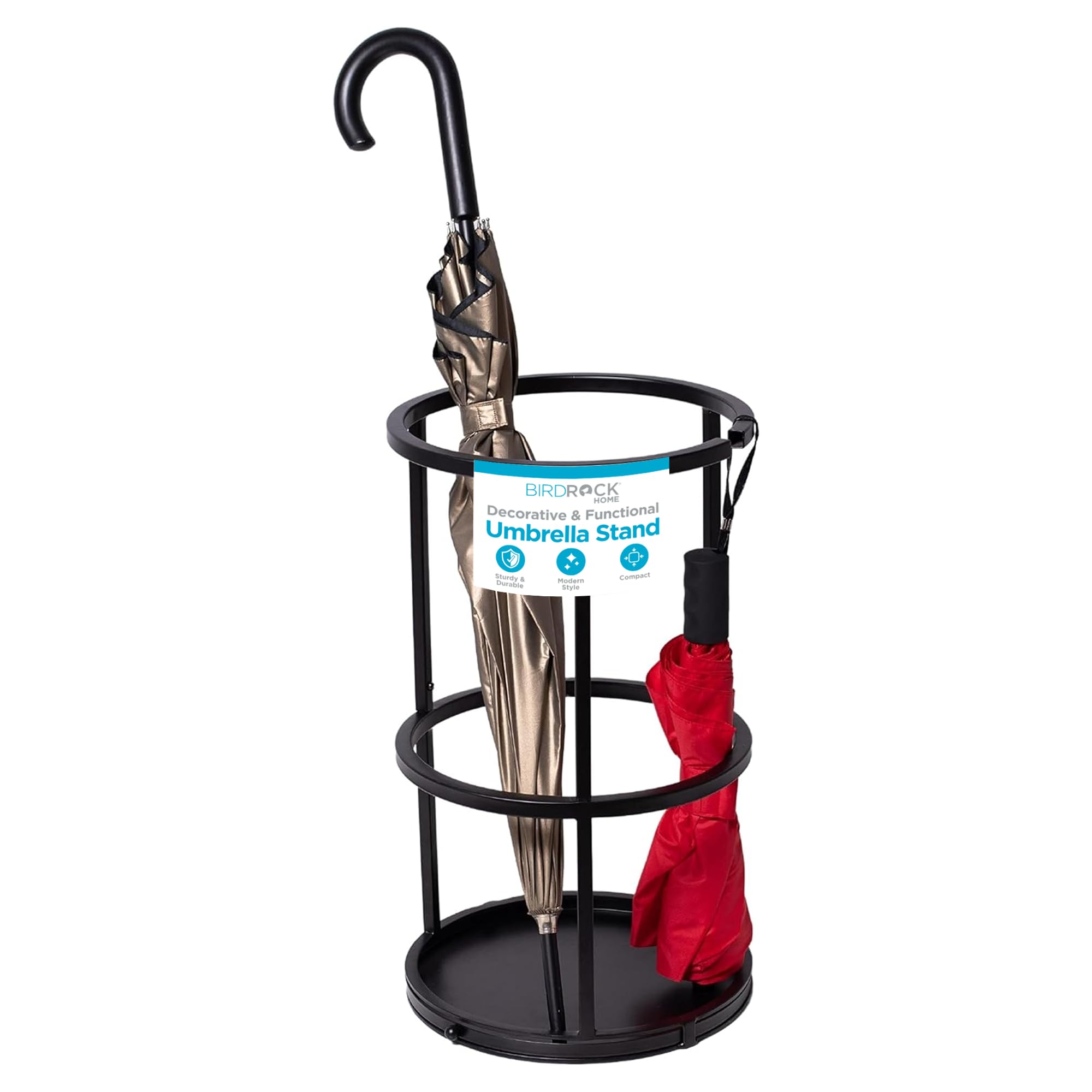 BIRDROCK HOME Circular Umbrella Holder with Removable Drip Tray - Stand for Umbrellas - Entryway - Decorative Metal Freestanding Rack Organizer - Cane Walking Stick Holder - Black