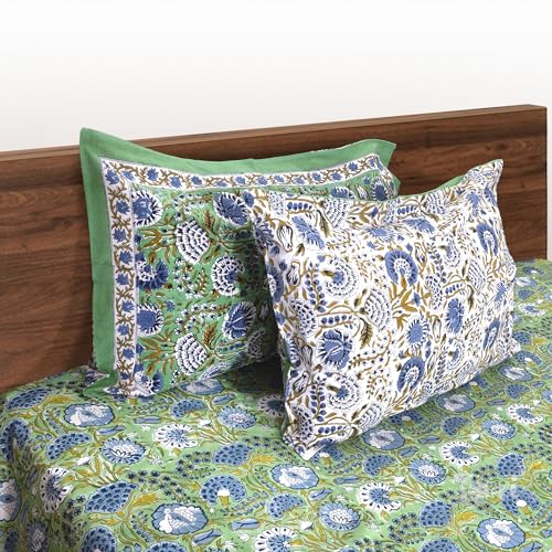 Image of TOAI Bedsheet for Double Bed King Size 108 inch x 108 inch |100% Pure Cotton 210TC | Hand Block Printed Jaipuri Bedsheet | 2 Reversible Pillow Covers 18 inchx27 inch |Blue Green Florals