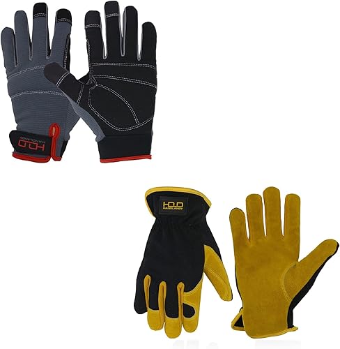 Paquete de 2 pares guantes de trabajo HANDLANDY para hombre, pantalla táctil, guantes de cuero sintético, ajuste flexible y transpirable, nudillos y