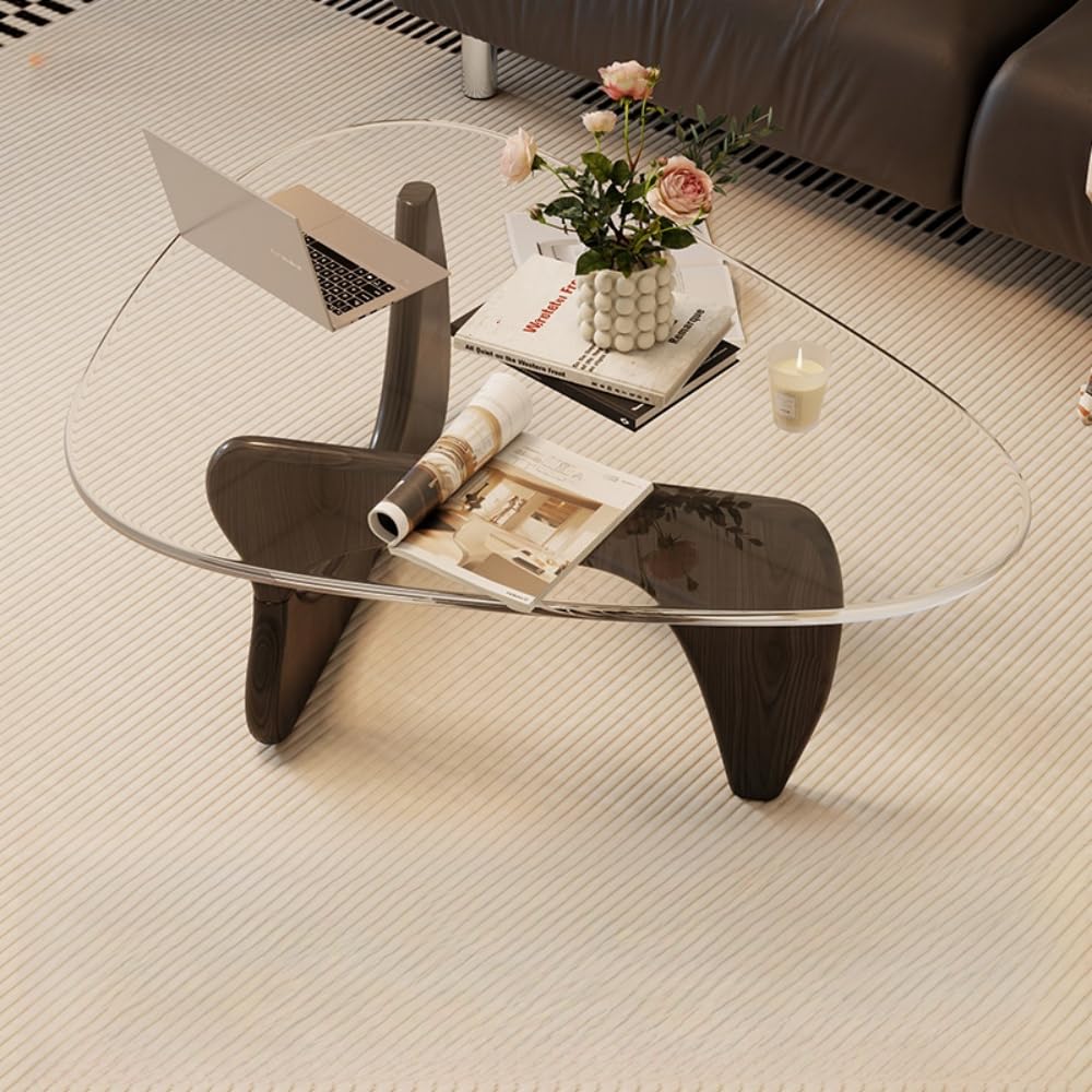 WXQ特殊な形状の三角 、ローテーブル、ダイニング 強化ガラス天板、水滴型、リビングリビング、無垢材、ガラス掃除が簡単 強くて頑丈リビングルーム 寝室 に最適 組み立て簡単 (黒い脚+透明ガラス,82*57*40CM)