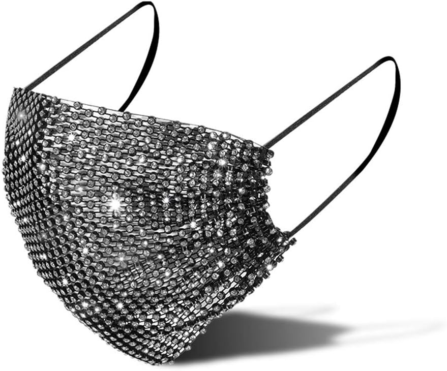Sparkly Rhinestone Mesh Face Mask Covering Halloween Glitter Face Masks Fashion Costume Crystal Party Nightclub for Women (black)