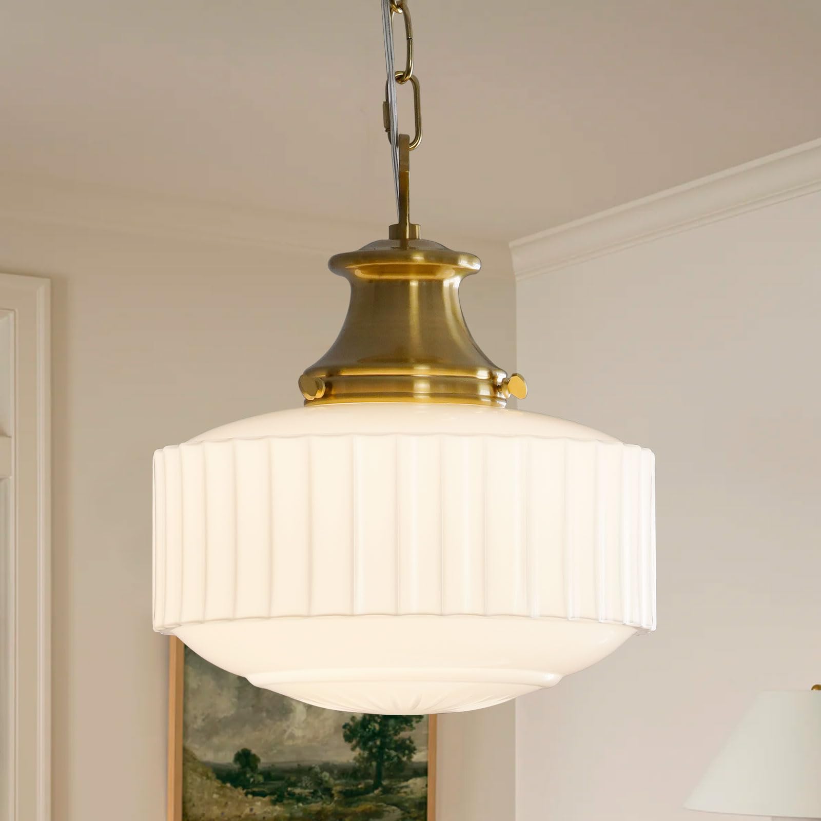 Aomuo Milk Glass Pendant Light, 10.63" White Pleated Glass Chandelier, Vintage Brass Antique Pendant Lights, for Kitchen Island Lighting, Hallway, Bedroom, Dining Room, Foyer, E26 Bulb Included