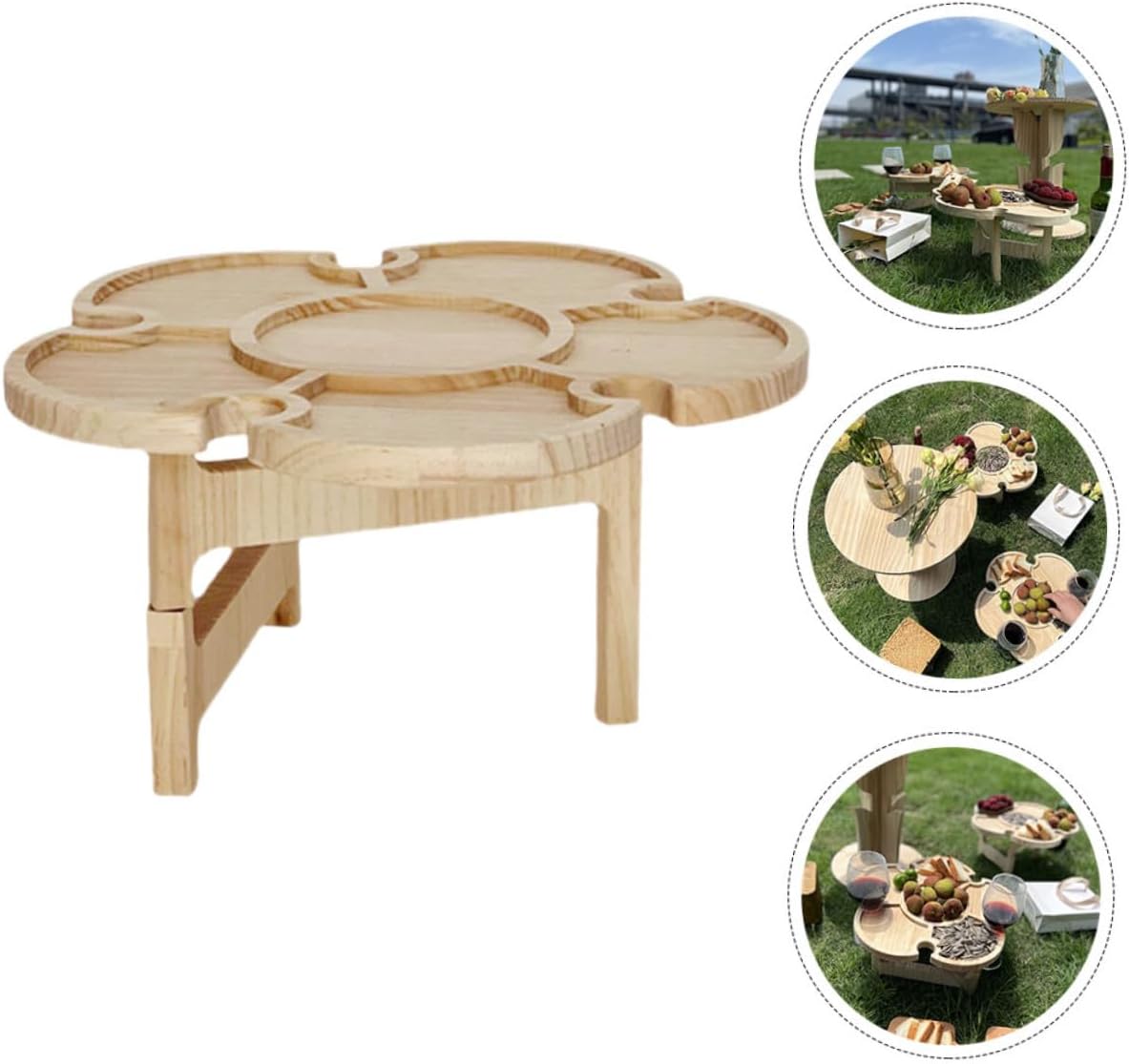 Portable Folding Wine Picnic Table Outdoor Beach Wine Holder Multi-Function Wooden Tray Table 35cm Diameter Petal Shape for Camping and Barbecue