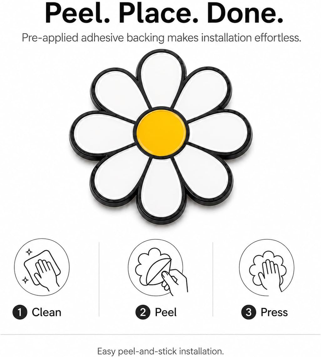 Daisy Metal Car Sticker, Cute Flower Decal, Zinc Alloy Daisy Emblem, Exterior Car Decoration for Women (White)